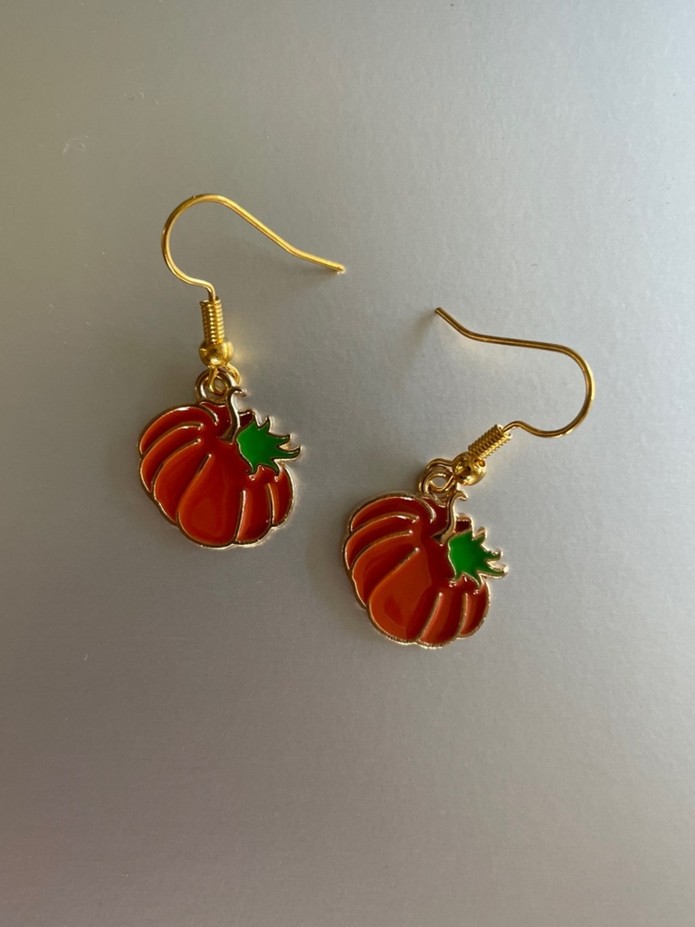 Gold Pumpkin Dangle Earrings - Orange & Green
